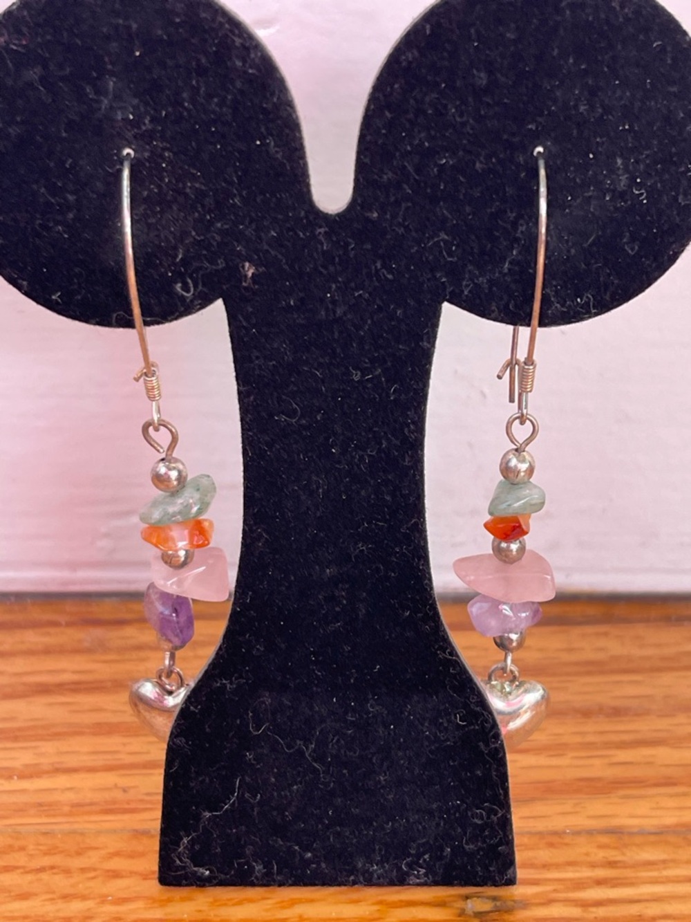 Multi-Gemstone Dangle Earrings with Silver Hearts - Pink, Green, Purple